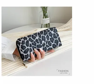 Stylish leopard print linen long clutch purse with gold zipper detail for women