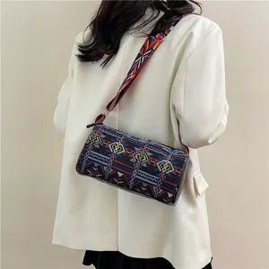 Dames Etnische Stijl Canvas Tote Tas Grote Capaciteit Boheems Geometrisch Geweven Patroon Brede Riem Schoudertas