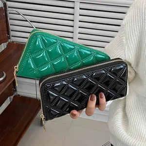 Women Fashion PU Leather Diamond Quilted Long Wallet Glossy Clutch Bag With Zip Closure Multi Card Holder Phone Purse
