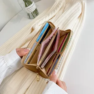 Elegant large capacity linen checkered clutch bag for women with multiple card slots