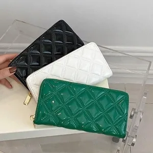 Elegant glossy patent leather quilted long wallet for women with gold zipper closure