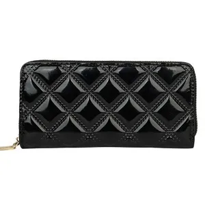 Elegant women's glossy black quilted long wallet featuring a secure zipper closure