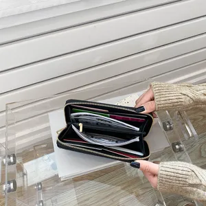Cartera larga negra con cremallera para mujer con ranuras para tarjetas