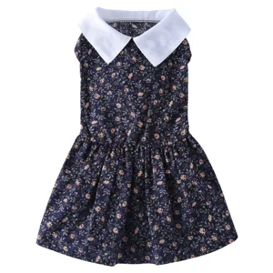 Detail robe animal floral, col blanc, vetement chien chat ete respirant style.