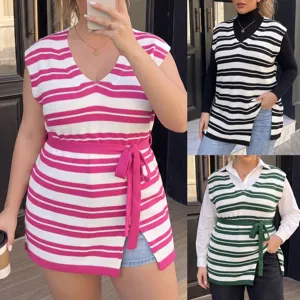 Plus size women's striped knit vest with matching waist tie and V-neck tunic style