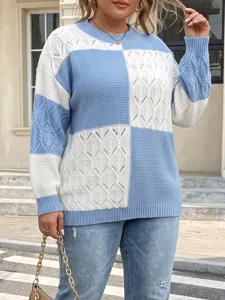 Details of blue white colorblock knit sweater, casual long sleeve crewneck pullover for women.