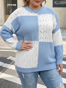Plus size color block plaid knitted sweater pullover for women, casual long sleeve crewneck top.