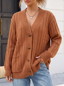 Cardigan Pull Raye Col V Retro pour Femmes Automne Hiver Manches Longues Boutonne Tricot Vetement Poches Haut