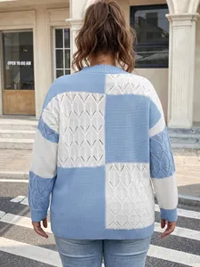 Back detail view of women colorblock patchwork knit sweater, casual hollow pullover top.