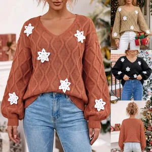 Damen V-Ausschnitt Langarm Rautenmuster Strickpullover mit gehäkelten Schneeflocken.