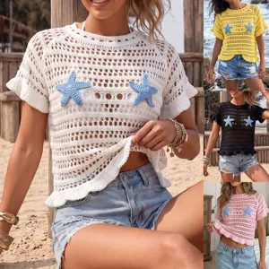 Women's crochet knit beach cover-up with blue starfish appliques in multiple colors