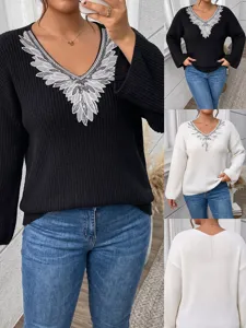 Plus Size Γυναικείο Pullover V-Neck Μακρυμάνικα Πλεκτά Κέντημα με Παιγιέτες Δαντέλα Casual Πουλόβερ