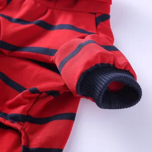 Close-up view of pet dog striped pajamas, soft fabric and ribbed cuffs detail for comfort.