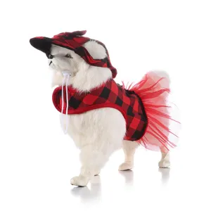 Grazioso set abito con imbracatura per cani a quadri rosso e nero con cappello, stile principessa.