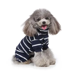 Cozy navy striped pet turtleneck bodysuit, soft four-legged dog pajamas for daily homewear.