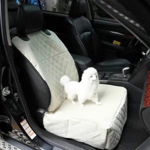 Car seat cover for dogs, waterproof pet front seat protector, quilted beige leather pad.