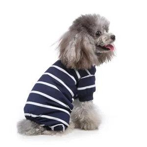 Striped pet four-leg pajamas detail shot, soft cotton fabric, cozy wear for small dogs.