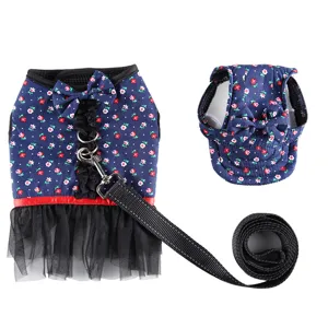 Simpatica imbracatura per cani floreale con guinzaglio e cappello, gonna in rete da principessa.