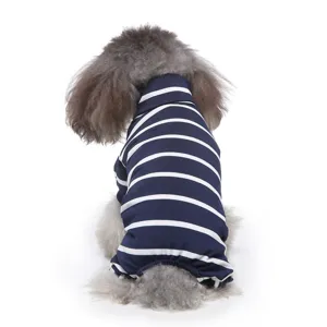 Striped dog pyjamas detail view, soft cotton four-legged pet jumpsuit for cozy home wear.