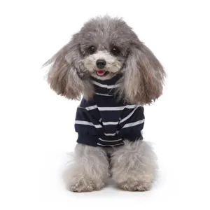 Close-up detail of the striped dog sweater featuring a classic turtleneck design.