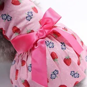 Süßes Erdbeer-Haustierkleid mit großer pinker Schleife, Hundesommerrock für kleine Haustiere.