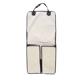Waterproof quilted pet car seat cover with black trim and adjustable hanging buckle.