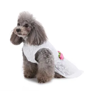 Adorable white lace dog dress with pink rose accents perfect for summer for small pets