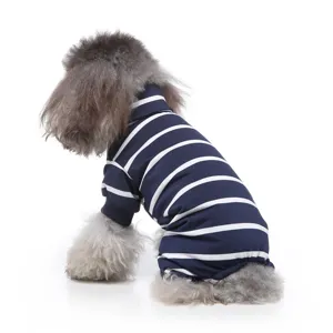 Detailed view of striped dog pajamas, breathable four-legged pet jumpsuit for cozy indoor wear.