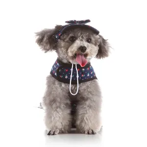 Vista dettagliata di una simpatica imbracatura per cani con cappello floreale, moda per animali.