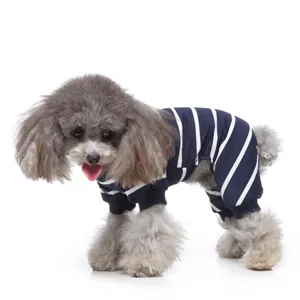 Striped pet jumpsuit detail, comfortable four-leg dog pajamas, soft fabric, cute clothing.