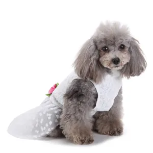 Cute white lace pet dress with heart-patterned tulle and pink floral detail for dogs