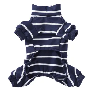 Detailed view of striped pet pajamas, soft turtleneck design, comfortable four-legged dog clothing.