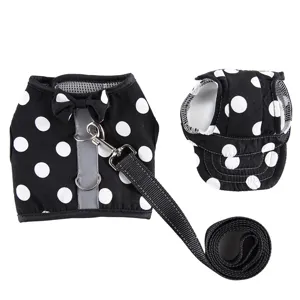 Set pettorina e guinzaglio traspirante per cani a pois con striscia riflettente e grazioso fiocco.