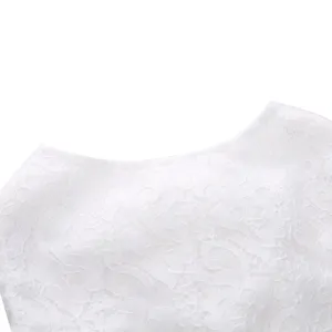 Macro view of delicate white floral lace fabric on a summer dog dress.