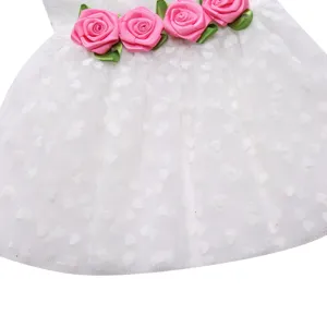 Detail shot of elegant pink ribbon roses and heart patterned lace on a white pet dress