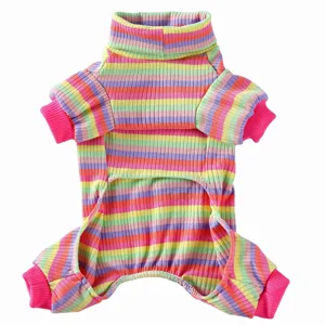 Colorful striped pet dog pajamas high neck four-legged jumpsuit for daily home wear details.