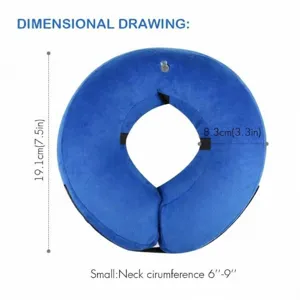 Inflatable pet collar detail showing dimensions, soft plush blue recovery collar for dogs.