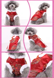 Detailed view of red pet Tang suit winter dog clothes with plush collar and traditional buttons.