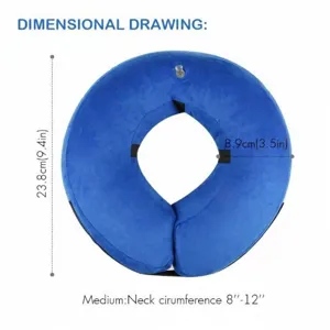 Inflatable pet collar size chart showing medium dimensions, neck circumference 8 to 12 inches.