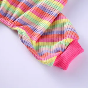 Rainbow striped pet clothing detail shot, soft ribbed fabric, comfortable cuff design.