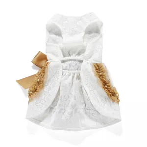 Elegant white lace dog dress with golden bow and ruffle details for summer pet outfits.