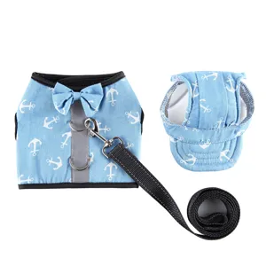 Dettaglio set imbracatura per cani con fantasia ancora, gilet, cappello e guinzaglio.