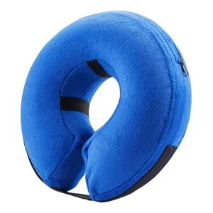 Blue plush pet recovery collar inflatable dog neck brace cone alternative