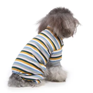 Cozy striped dog jumpsuit with high collar, breathable knit pet pajamas for daily wear.