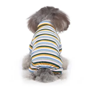 Cozy striped dog pyjamas with high turtleneck, four-leg design for small pets and dogs.