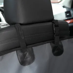 Pet car seat cover detail showing secure straps and durable buckle for dog travel.