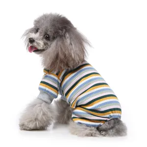 Detailed view of striped pet dog pajamas, cozy turtleneck four-legged puppy clothes for daily wear.