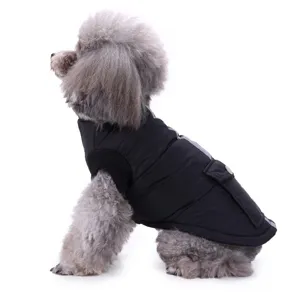 Close-up detail of warm winter dog vest jacket with reflective strip for small medium pets.