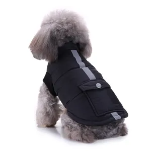 Warm winter dog jacket for small medium dogs, black pet coat with reflective strips.