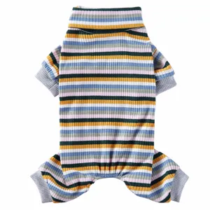 Colorful striped pet pajamas detail, cozy high neck design, soft knit fabric for small dogs.